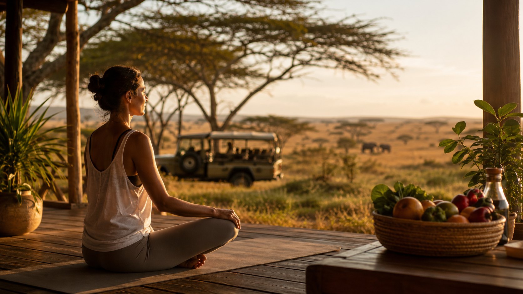 Traveler meditating at a safari lodge with savanna view