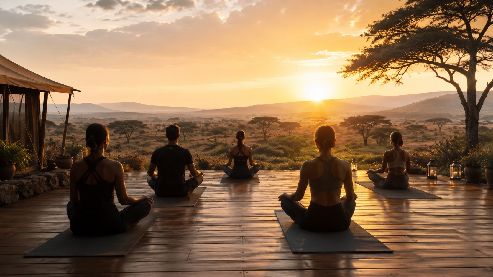 Guests meditating at sunrise on a safari deck