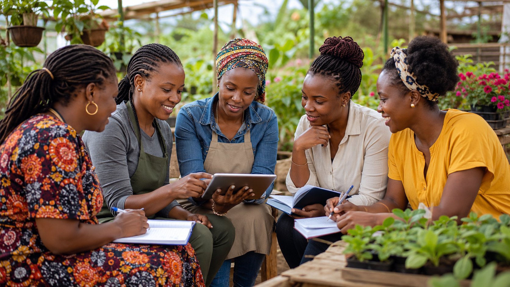 Women reviewing business notes and a tablet in a plant nursery